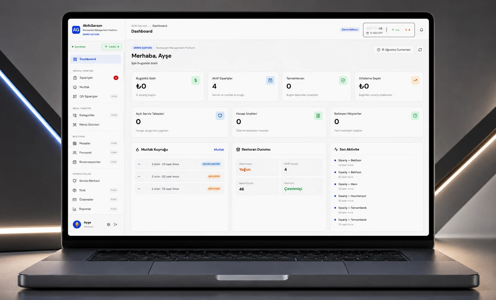 Akıllı Garson yönetim paneli dashboard genel bakış ekranı