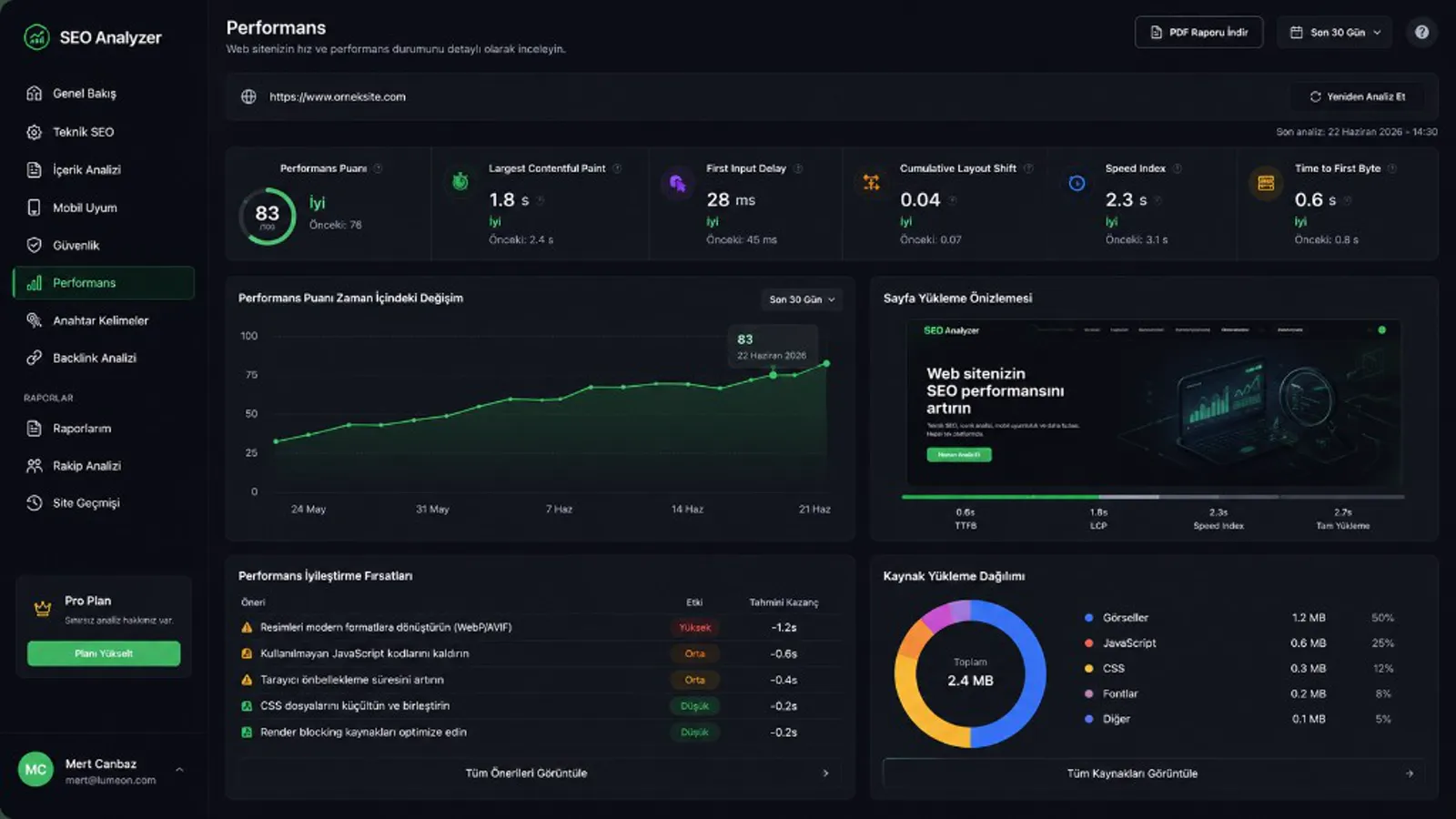 SEO Analyzer Core Web Vitals ve sayfa yükleme önizlemesi